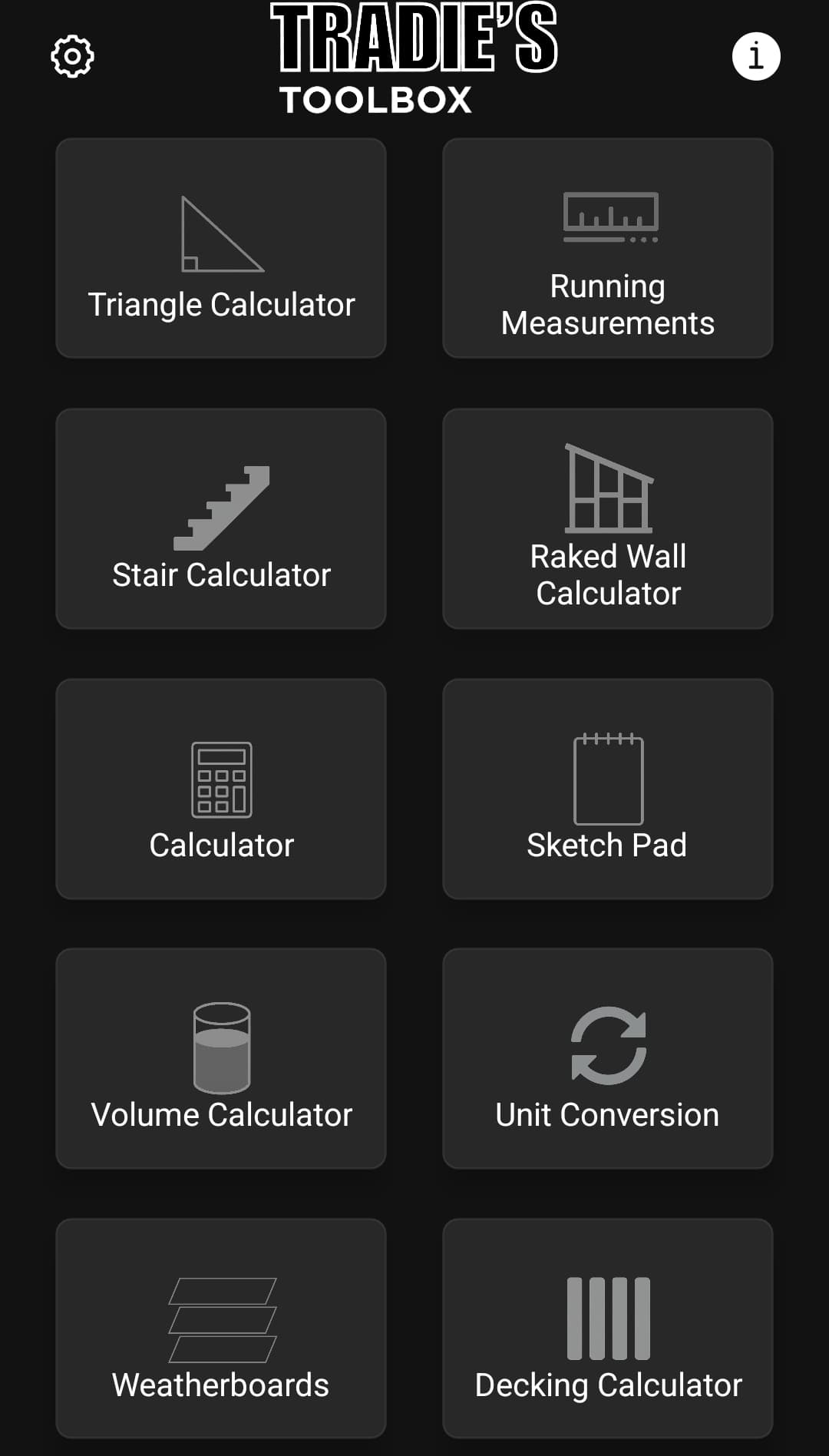 Tradies Toolbox app home screen